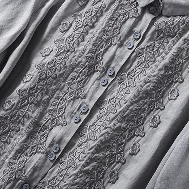 Buddha Stones Summer Plain Button Embroidery Flower Pattern Three Quarter Sleeve Lapel Cotton Linen Women's Shirt