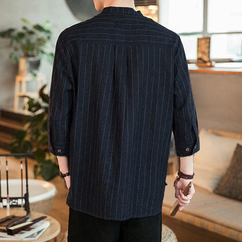 Buddha Stones Plaid Half Buttons Stand Collar Three Quarter Sleeve Cotton Men's Shirt