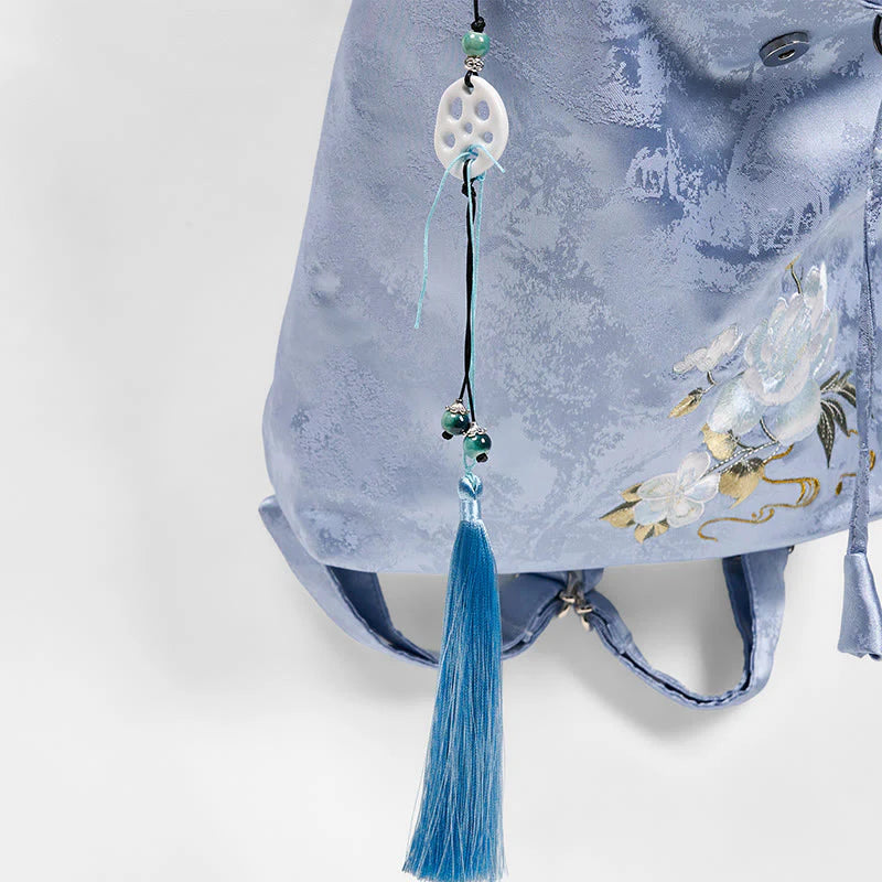 Buddha Stones Handmade Blue Camellia Embroidered Large Capacity Polyester Cotton Backpack