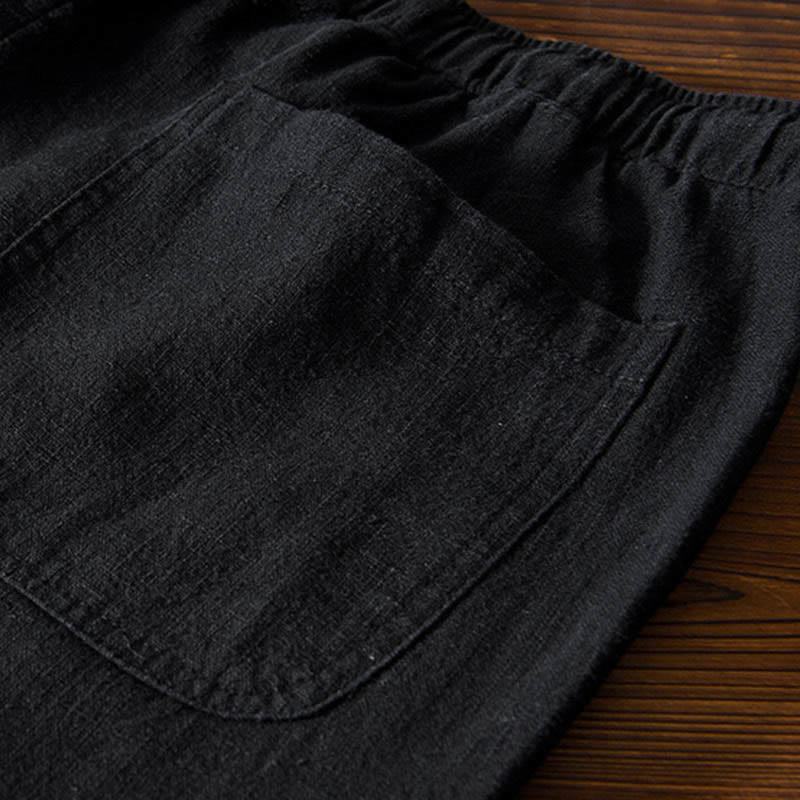 Buddha Stones Casual Solid Color Simple Design Drawstring Ramie Linen Men's Pants With Pockets