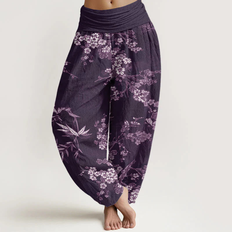 Buddha Stones Cotton White Sakura Flower Pattern Women's Elastic Waist Harem Pants