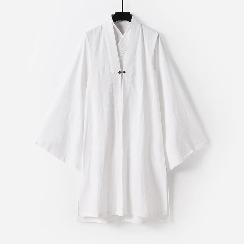 Buddha Stones 2Pcs Fall Solid Long Sleeve Men's Taoist Long Robe Lace-up Kimono Sleeveless Vest Qigong Ceremony Suit