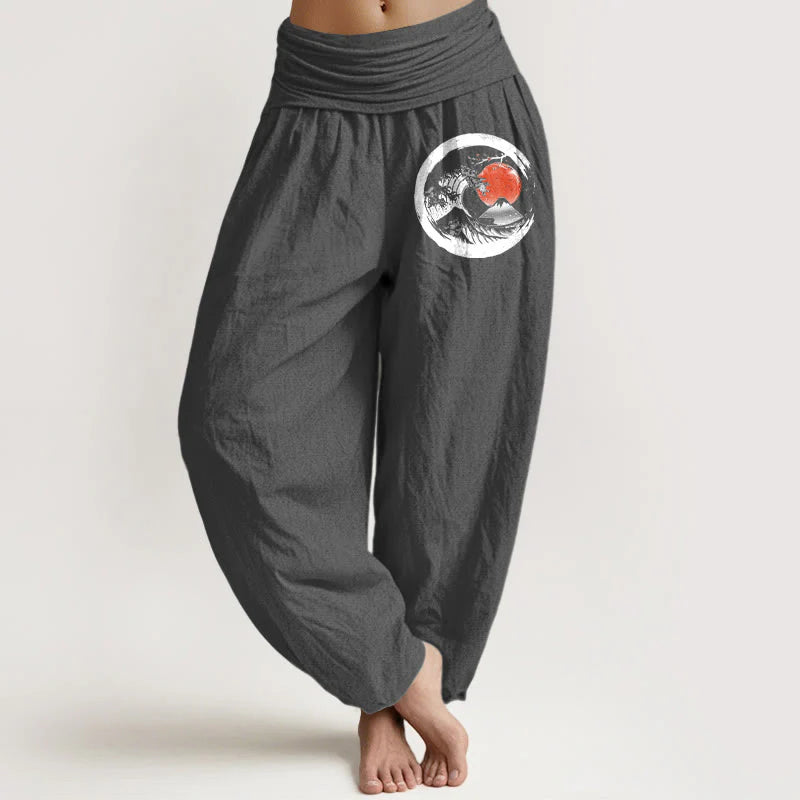 Buddha Stones Wave Sun Mountains Pattern Women's Elastic Waist Harem Pure Cotton Pants
