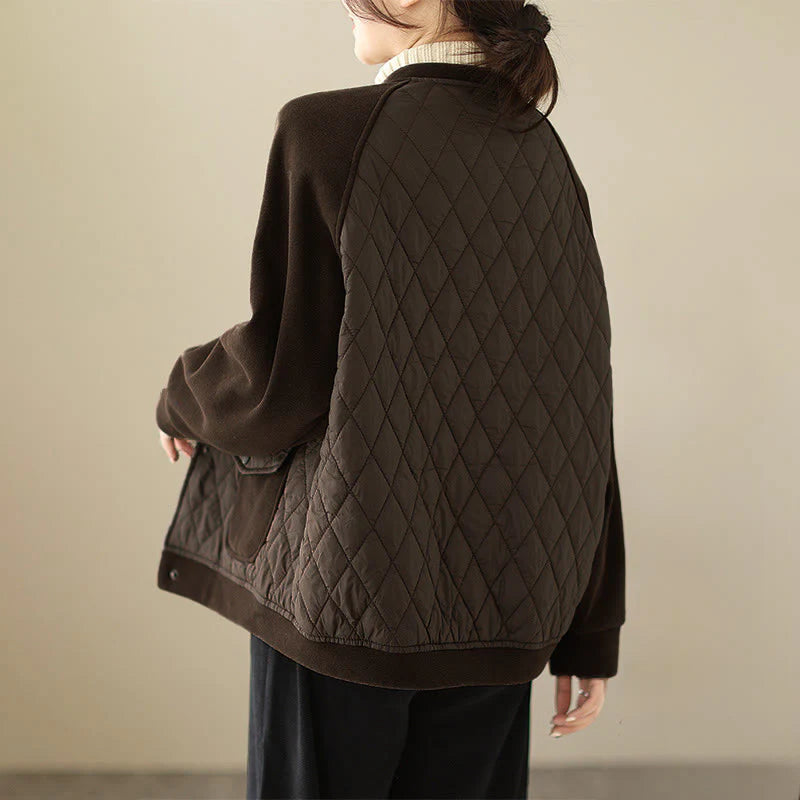 Buddha Stones Diamond Pattern Women's Long Sleeve Thickened Jacket With Pockets