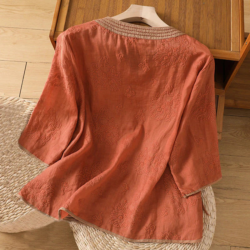 Buddha Stones Summer Vintage Embroidery Plant Floral Lace-Up Design V-Neck Women's Cotton Linen Shirt
