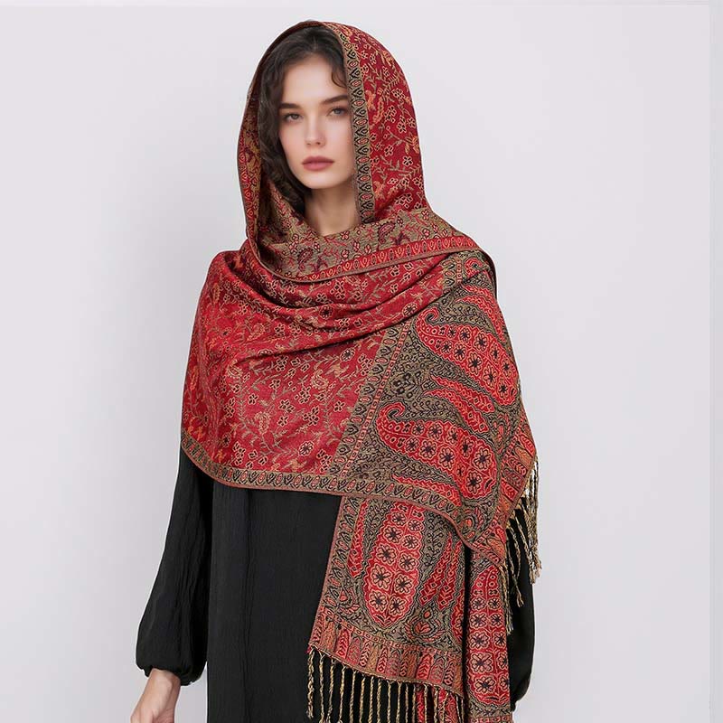 Buddha Stones Tibetan Jacquard Paisley Flower Pattern Color Contrast Design Tassel Cozy Scarf Shawl