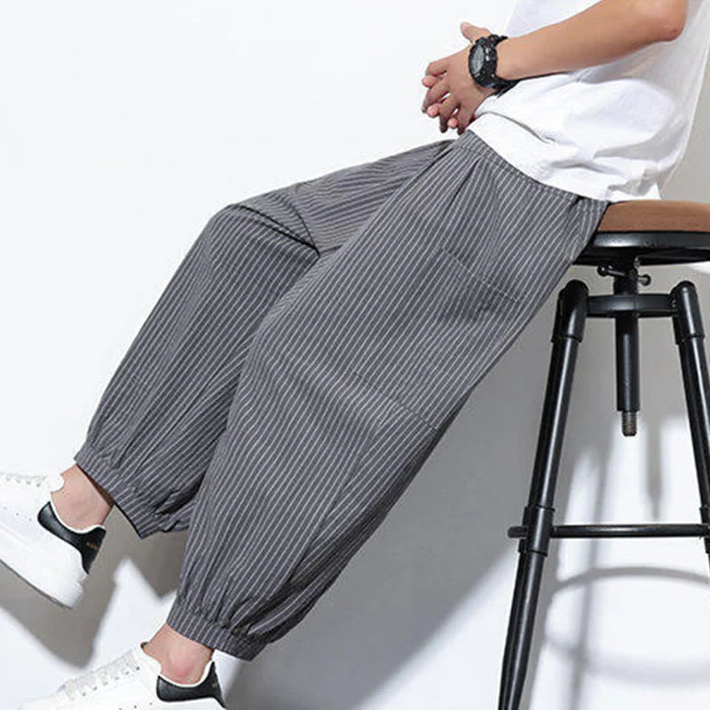 Buddha Stones Casual Striped Men's Cotton 7-8 Length Harem Pants With Pockets