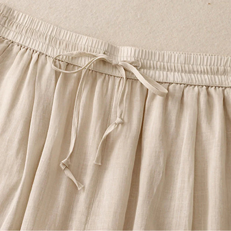 Buddha Stones Causal Vintage Plain Drawstring Lace Patchwork Design Women's Wide Leg Cotton Elastic Waistband Pants With Pockets