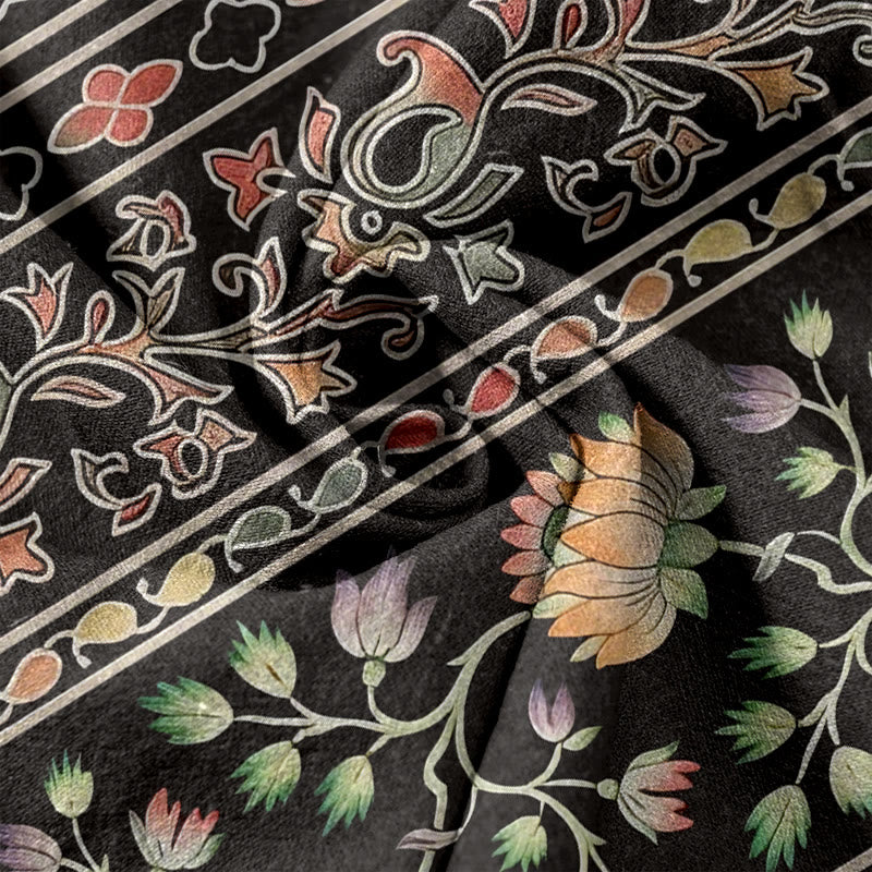 Buddha Stones Pure Cotton Paisley Lotus Pattern Women's Elastic Waist Pants With Pockets
