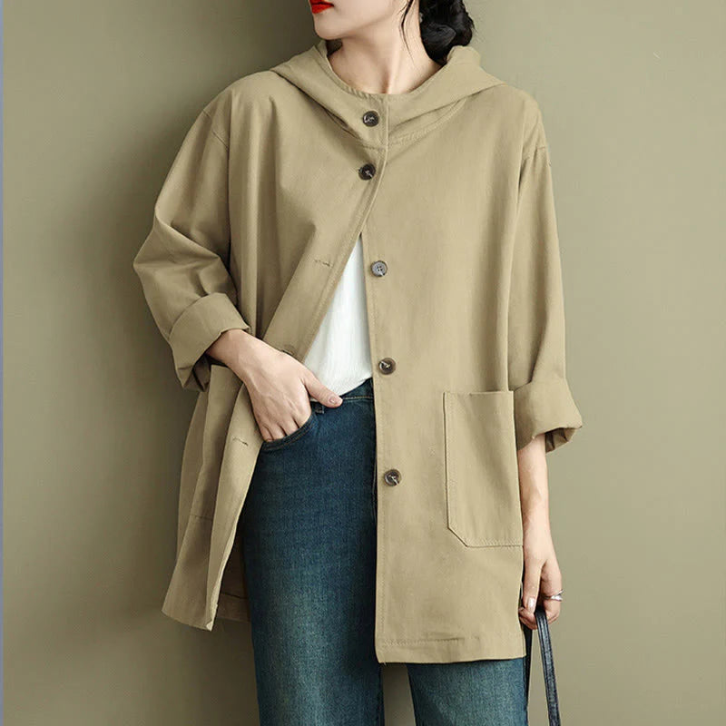 Buddha Stones Fall Vintage Hoodie Women's Cotton Linen Jacket With Front Pockets