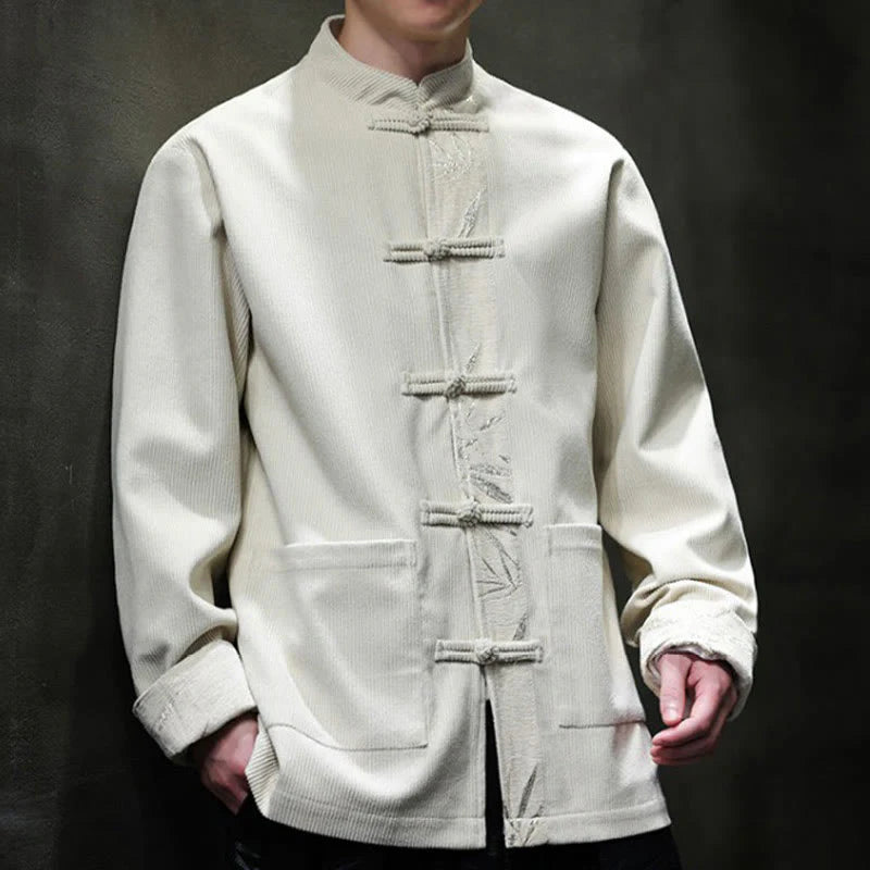 Buddha Stones Fall Bamboo Frog-Button Long Sleeve Men's Corduroy Cotton Jacket With Pockets