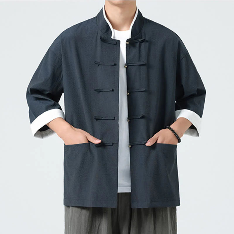 Buddha Stones Spring Solid Color Three Quarter Sleeve Tang Suit Men's Buttons Shirt With Pockets
