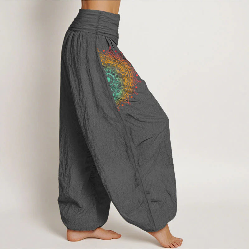 Buddha Stones Pure Cotton Simple Style Mandala Pattern Women's Elastic Waist Harem Pants