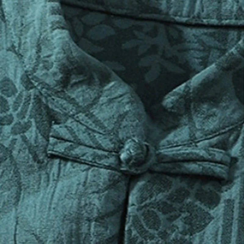 Buddha Stones Casual Summer Jacquard Floral Pattern Frog-Button Men's Stand Collar Contrasting Color Half Sleeve Cotton Cardigan Shirt