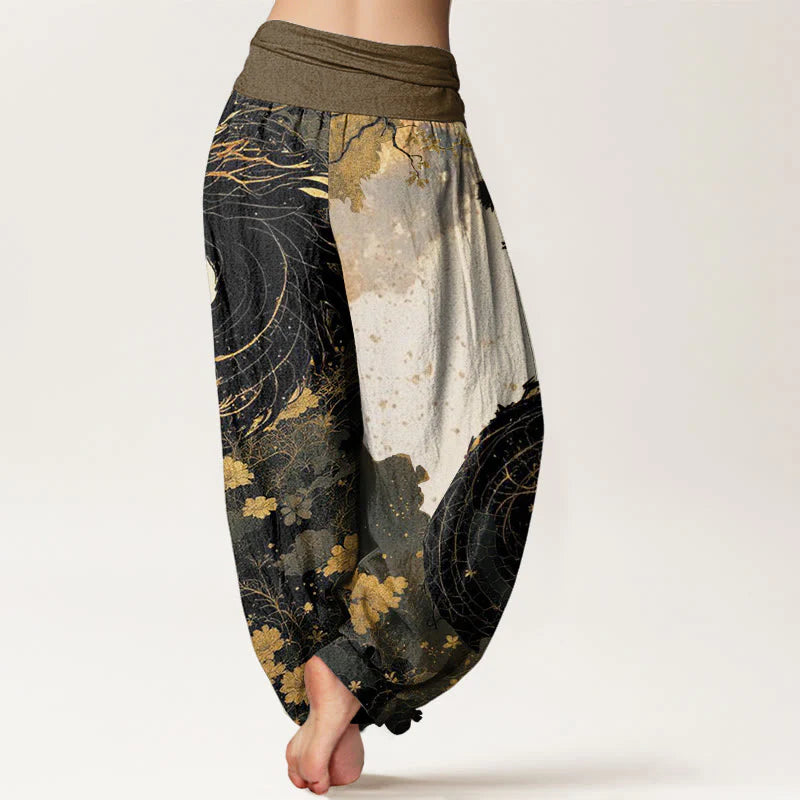 Buddha Stones Cotton Casual Dragon Ancient Tree Pattern Women's Elastic Waist Harem Pants