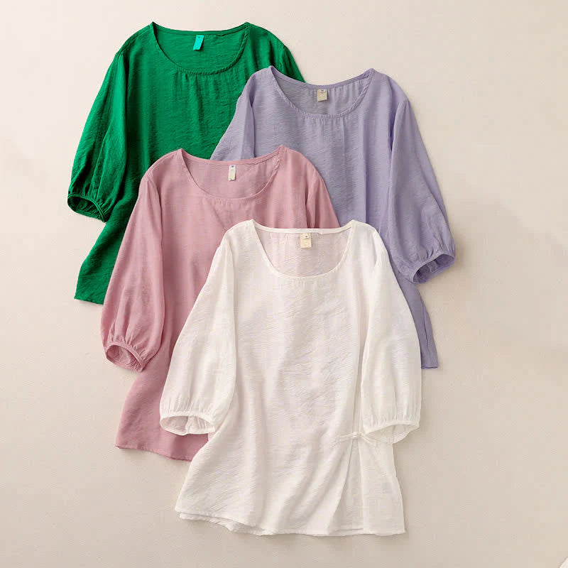 Buddha Stones Solid Color Frog-Button Design Puff Short Sleeve Women's T-Shirt