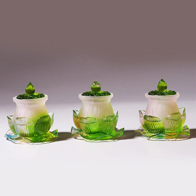 Buddha Stones Feng Shui Lotus Handmade Liuli Crystal Art Piece Home Office Offering Decoration