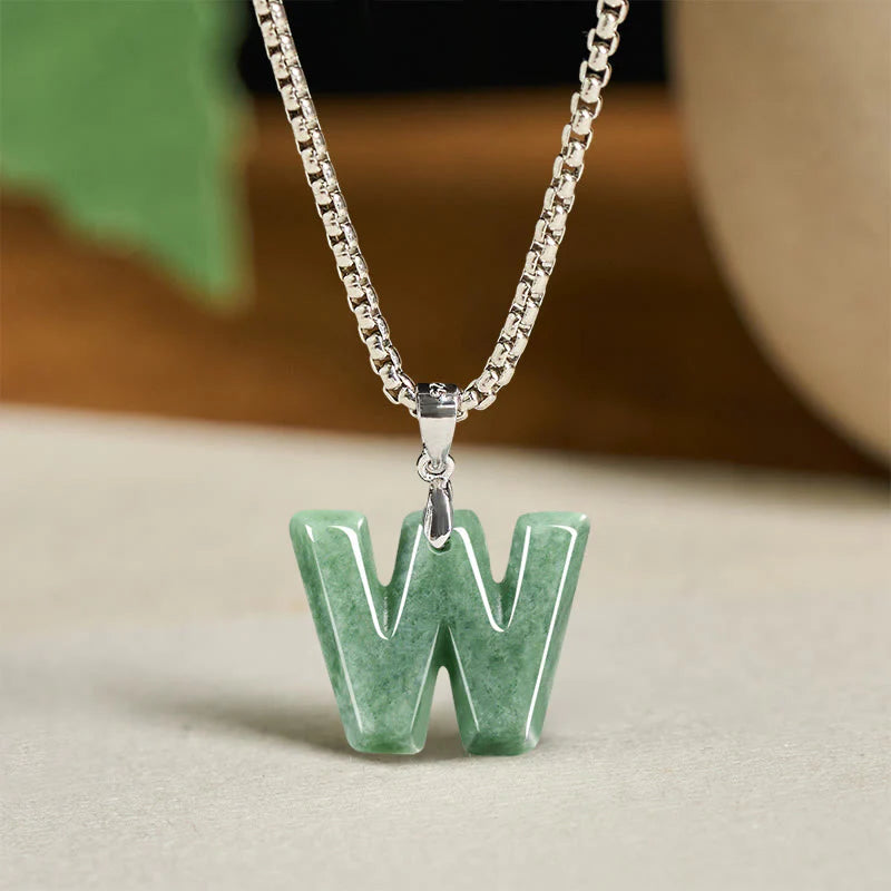 Buddha Stones Natural A-Z Letter Jade Titanium Steel Wide Chain Prosperity Necklace Pendant