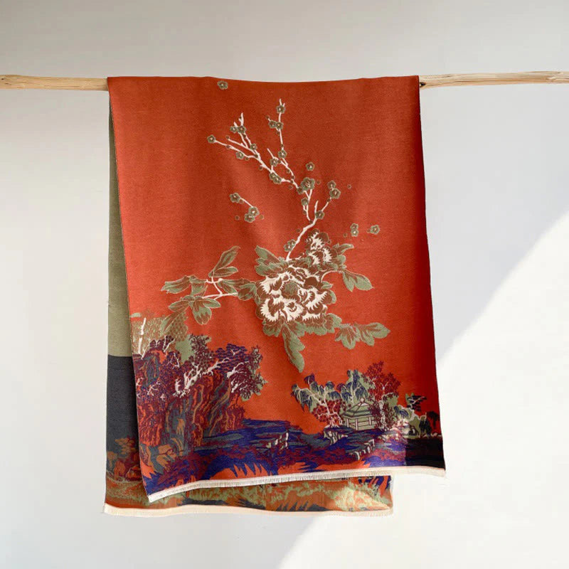 Buddha Stones Fall Flowers Trees Pavilion Pattern Cozy Scarf Shawl