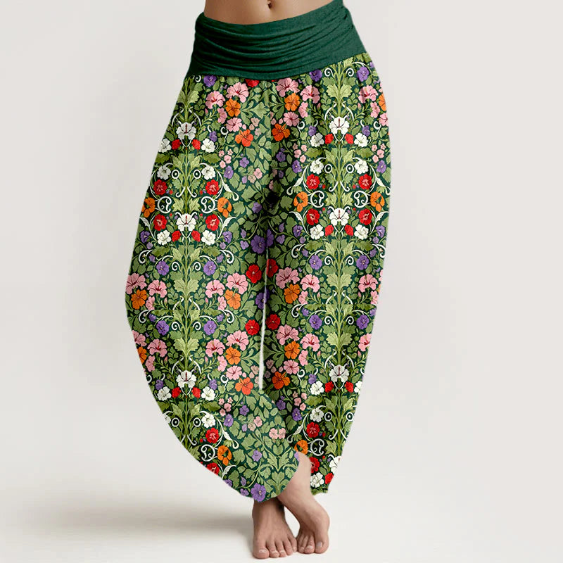Buddha Stones Cotton Softly Colored Flower Leaf Pattern Women's Elastic Waist Harem Pants
