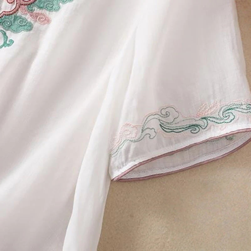 Buddha Stones Casual Retro Embroidery Frog-Button Design Women's Cotton Linen Half Sleeve Shirt