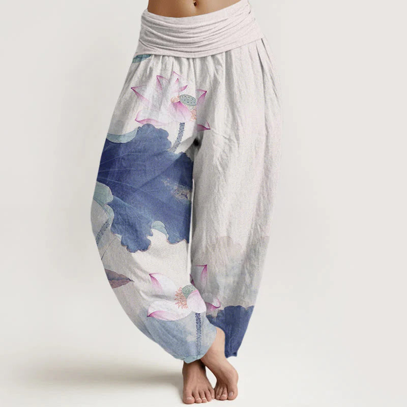 Buddha Stones Cotton Casual Lotus Petal Pods Pattern Women's Elastic Waist Harem Pants