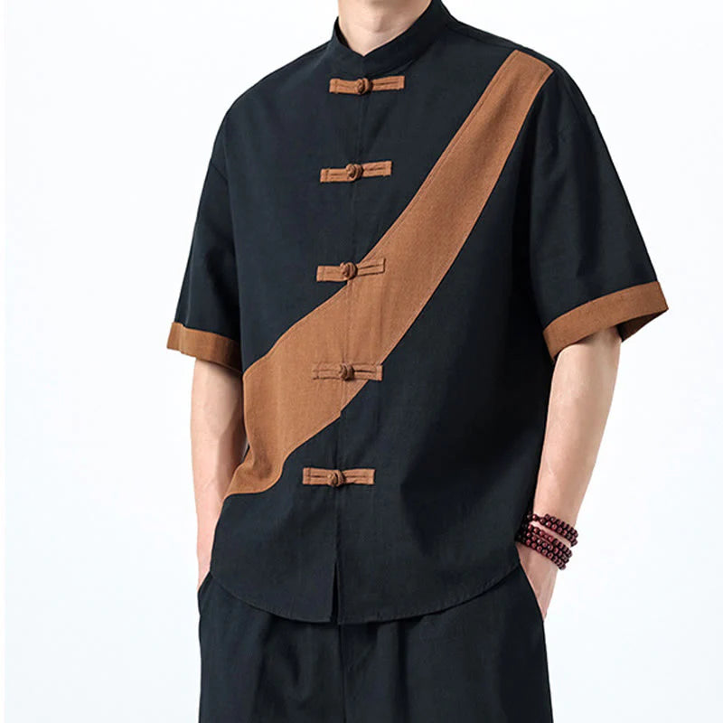 Buddha Stones Spring Color Contrast Chinese Frog-Button Design Men's Half Sleeve Cotton Linen Shirt