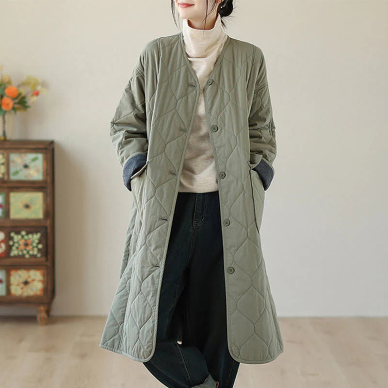 Buddha Stones Plain Buttons Women's Cotton Padded Coat With Pockets