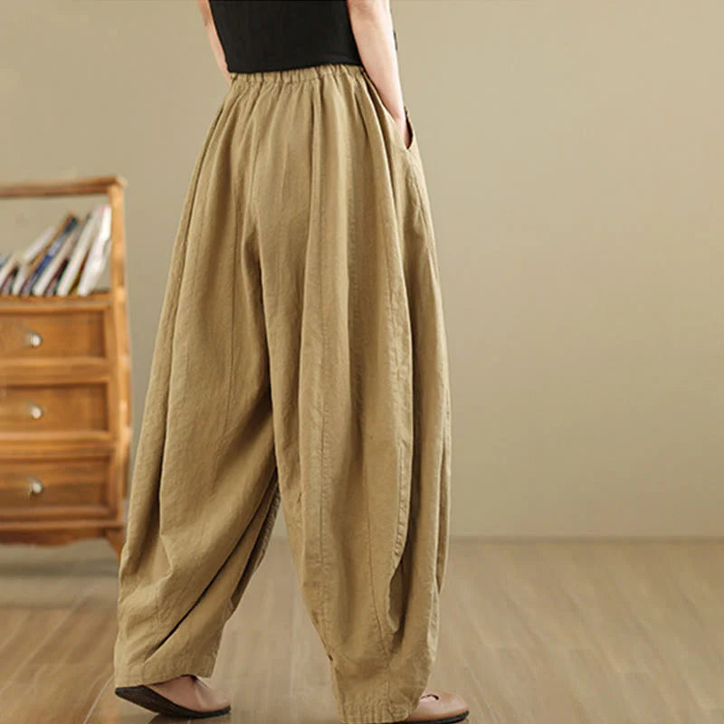Buddha Stones Vintage Patchwork Lantern Design Cotton Linen Women's Wide Leg Pants With Pockets