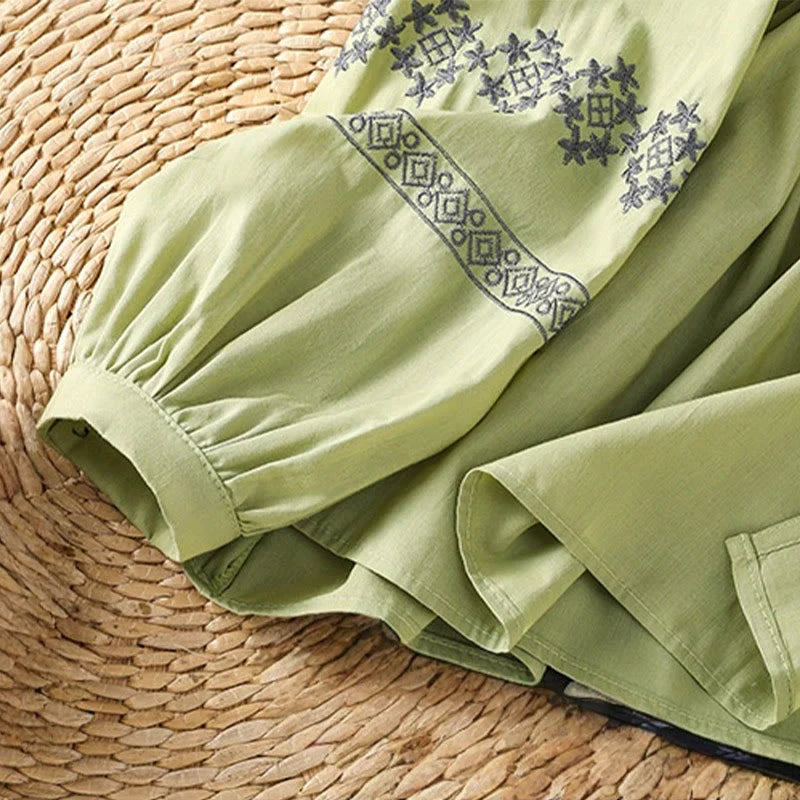 Buddha Stones Embroidery Pleated Buttons Long Lantern Sleeve Women's Cotton Shirt