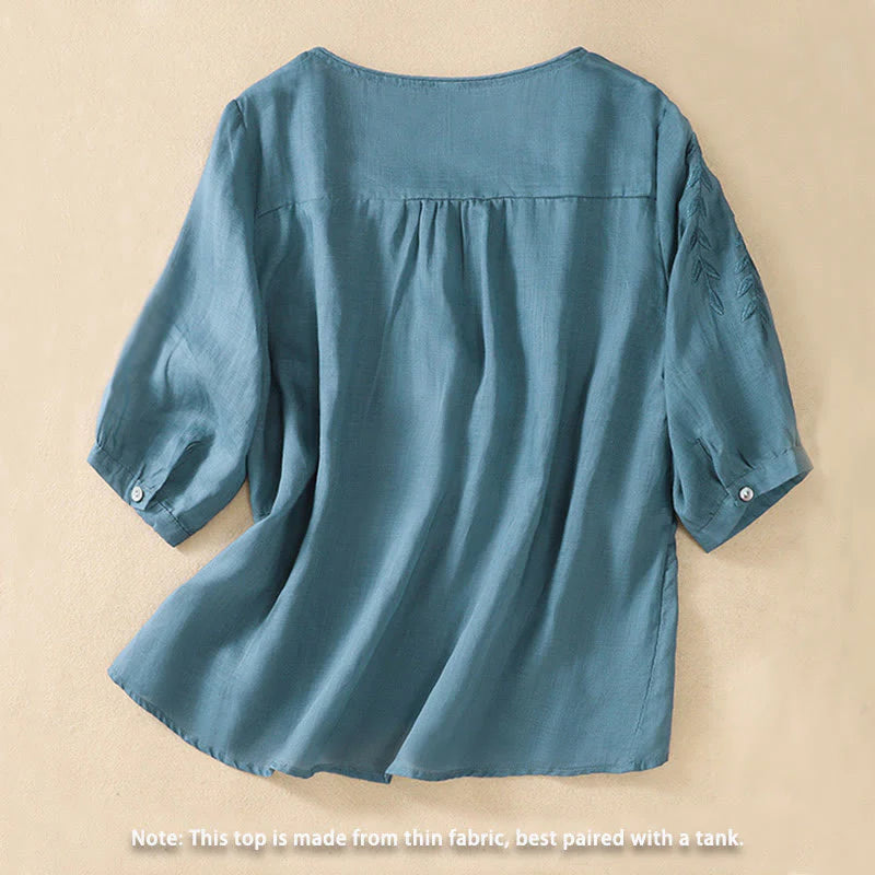 Buddha Stones Embroidery Leaves Women's Cotton Linen Half Sleeve T-shirt