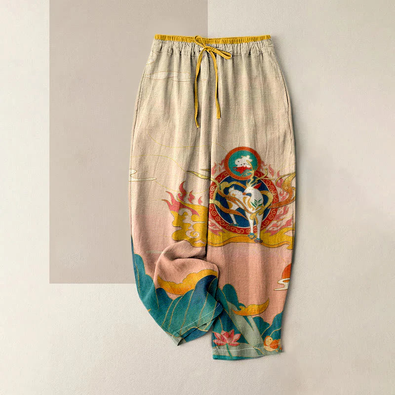 Buddha Stones Pure Cotton Deer Mountain Lotus Pattern Women's Elastic Waist Pants With Pockets