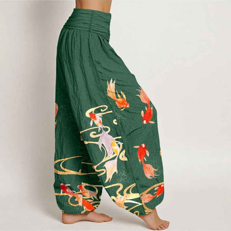 Buddha Stones Pure Cotton Koi Fish Koi Water Ripples Pattern Women's Elastic Waist Harem Pants