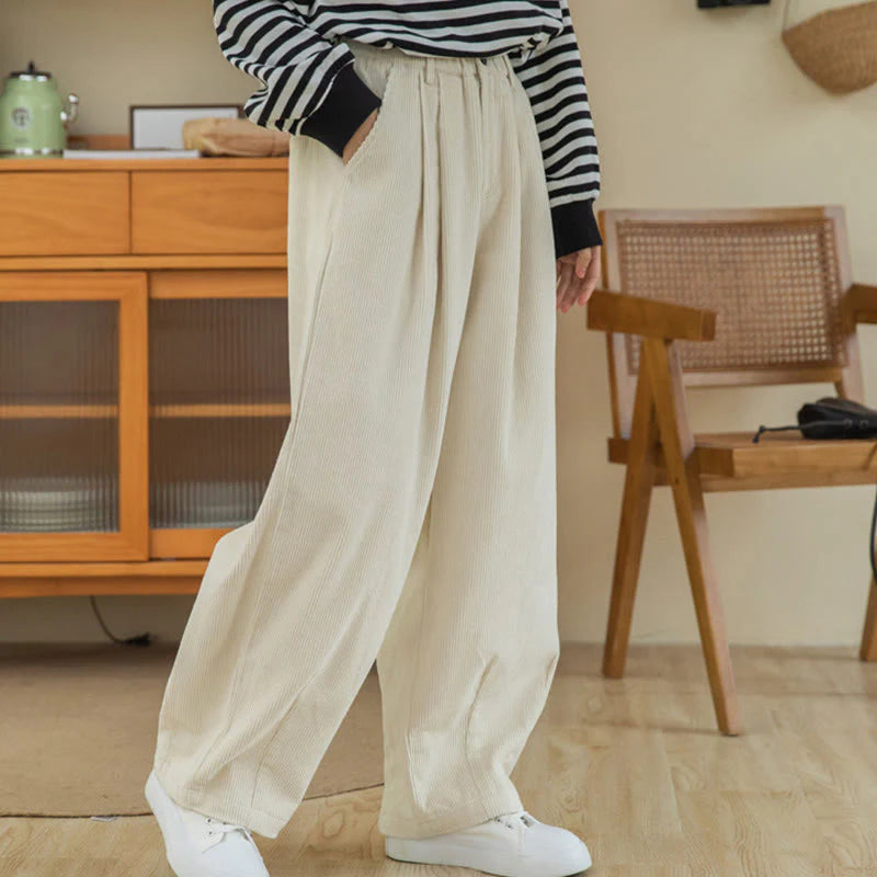Buddha Stones Women's High Waist Zipper Design Wide Leg Cotton Corduroy Pants With Pockets