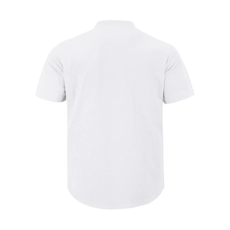 Buddha Stones Solid Summer Short Sleeve Half Buttons Linen Men's Shirt