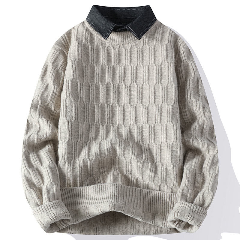 Buddha Stones Winter Black Stand Collar Lines Design Warm Men's Long Sleeve Knitted Sweater