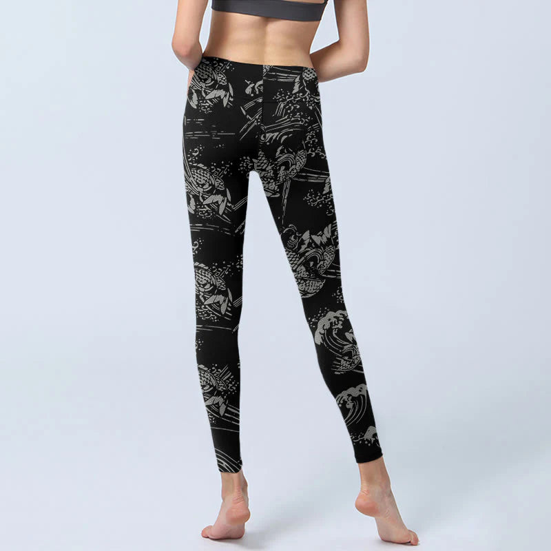 Buddha Stones Black Koi Fish Pattern Print Gym Leggings Women's Yoga Pants
