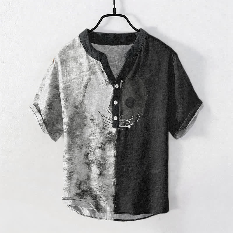 Buddha Stones Cotton Two Tone Taiji Ink Print Men's Short Sleeve Half Button Shirt