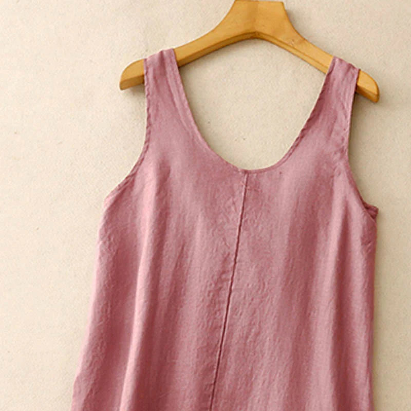 Buddha Stones Summer Daily Casual Pure Color Crew Neck Simple Design Sleeveless Midi Dress With Pockets
