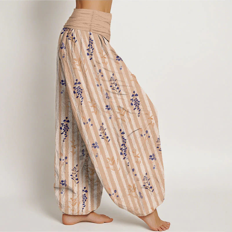 Buddha Stones Cotton Softly Colored Leaf Striped Pattern Women's Elastic Waist Harem Pants