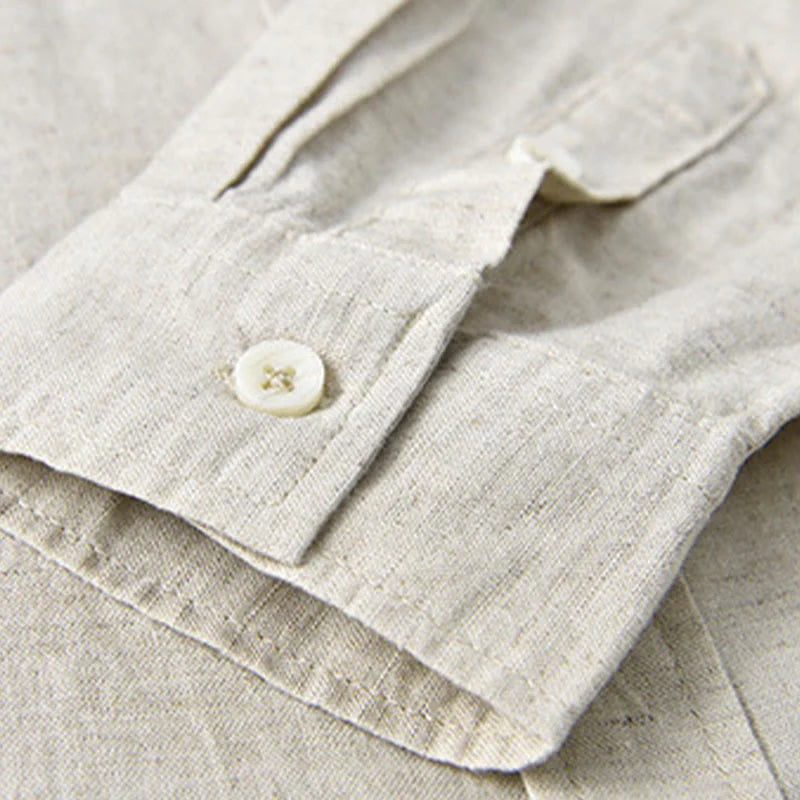 Buddha Stones Men's Long Sleeve Stand Collar With Pocket Pure Color Casual Cotton Linen Shirt