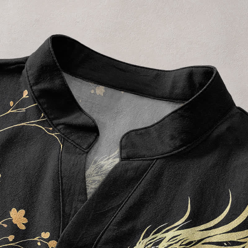 Buddha Stones Cotton Wave Dragon Flower Pattern Men's Short Sleeve Half Button Shirt