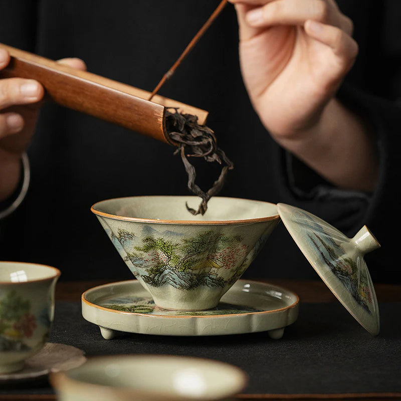 Buddha Stones Pine Mountain Forest Landscape Ceramic Gaiwan Sancai Teacup Kung Fu Tea Cup And Saucer With Lid (Extra 35% Off | USE CODE: FS35)