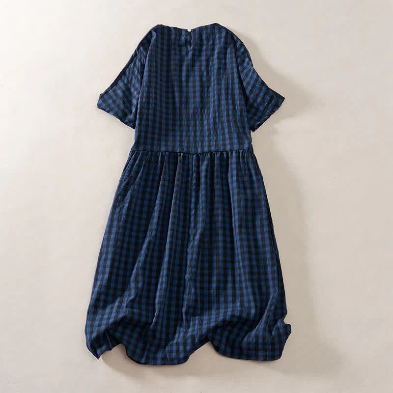 Buddha Stones Summer MidnightBlue Checked  A-line Pleated Crew Neck Knee Length Women's Short Sleeve Dress