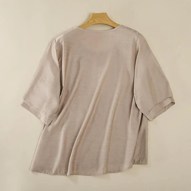 Buddha Stones Spring Boho Embroidered Cotton Linen Elbow-Length Sleeve Women's T-Shirts