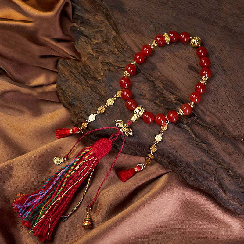 Buddha Stones 18 Beads Copper Coins Tibet Tassel Red Agate Calm Wrist Mala