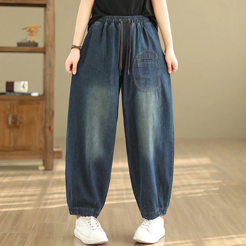 Buddha Stones Casual DarkSlateBlue Plain Drawstring Cotton Women's Harem Pants With Pockets
