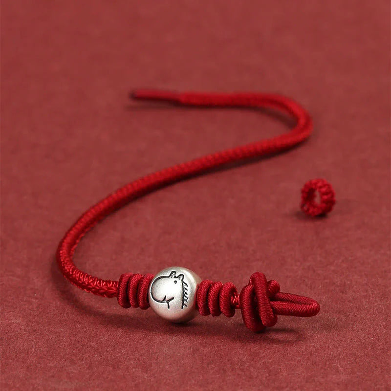 Buddha Stones Year of the Horse 999 Sterling Silver Red String Braided Connection Bracelet