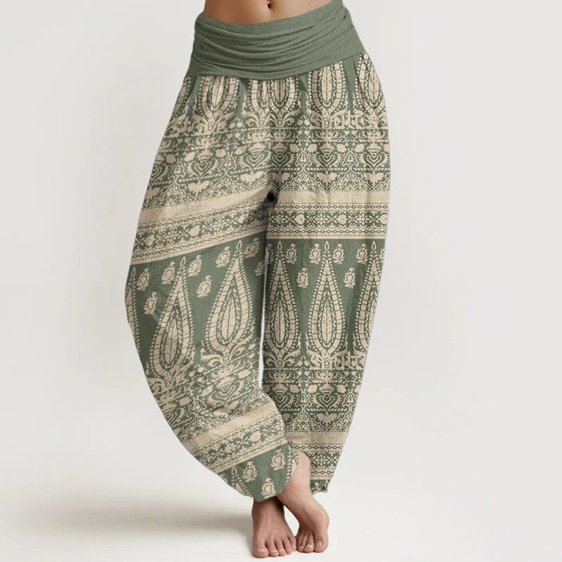 Buddha Stones Pure Cotton Casual Feather Stripes Design Women's Elastic Waist Harem Pants