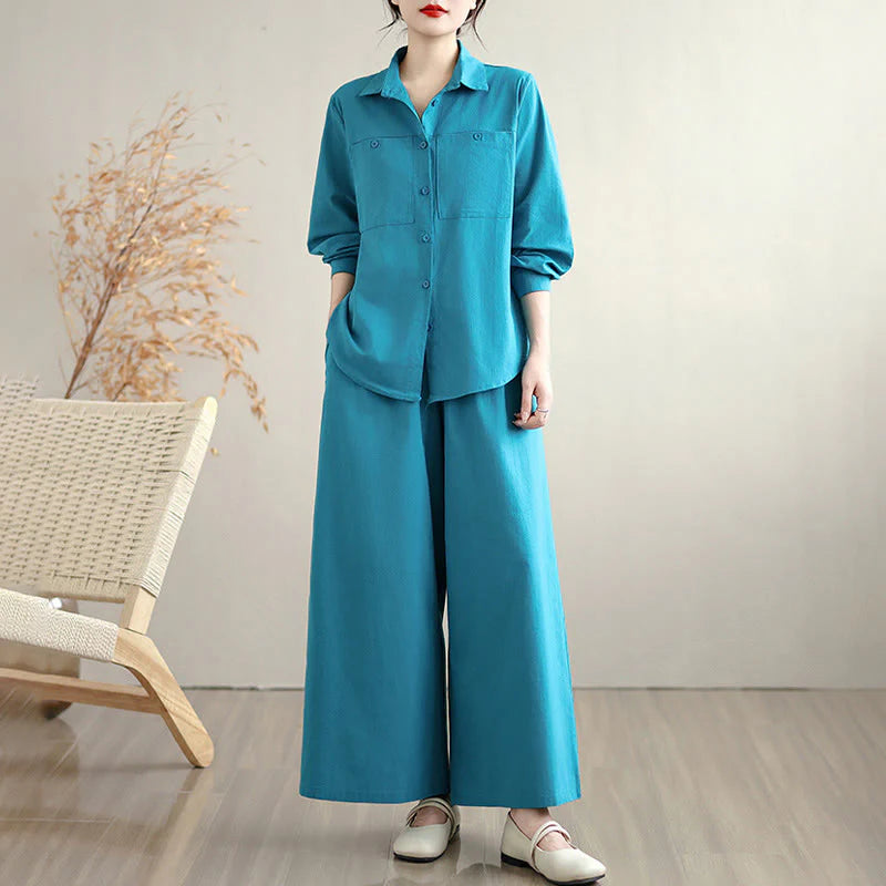 Buddha Stones 2Pcs Fall Solid Color Cotton Buttons Down Long Sleeve Shirt Ankle-Length Wide Leg Pants Women's Set With Pockets